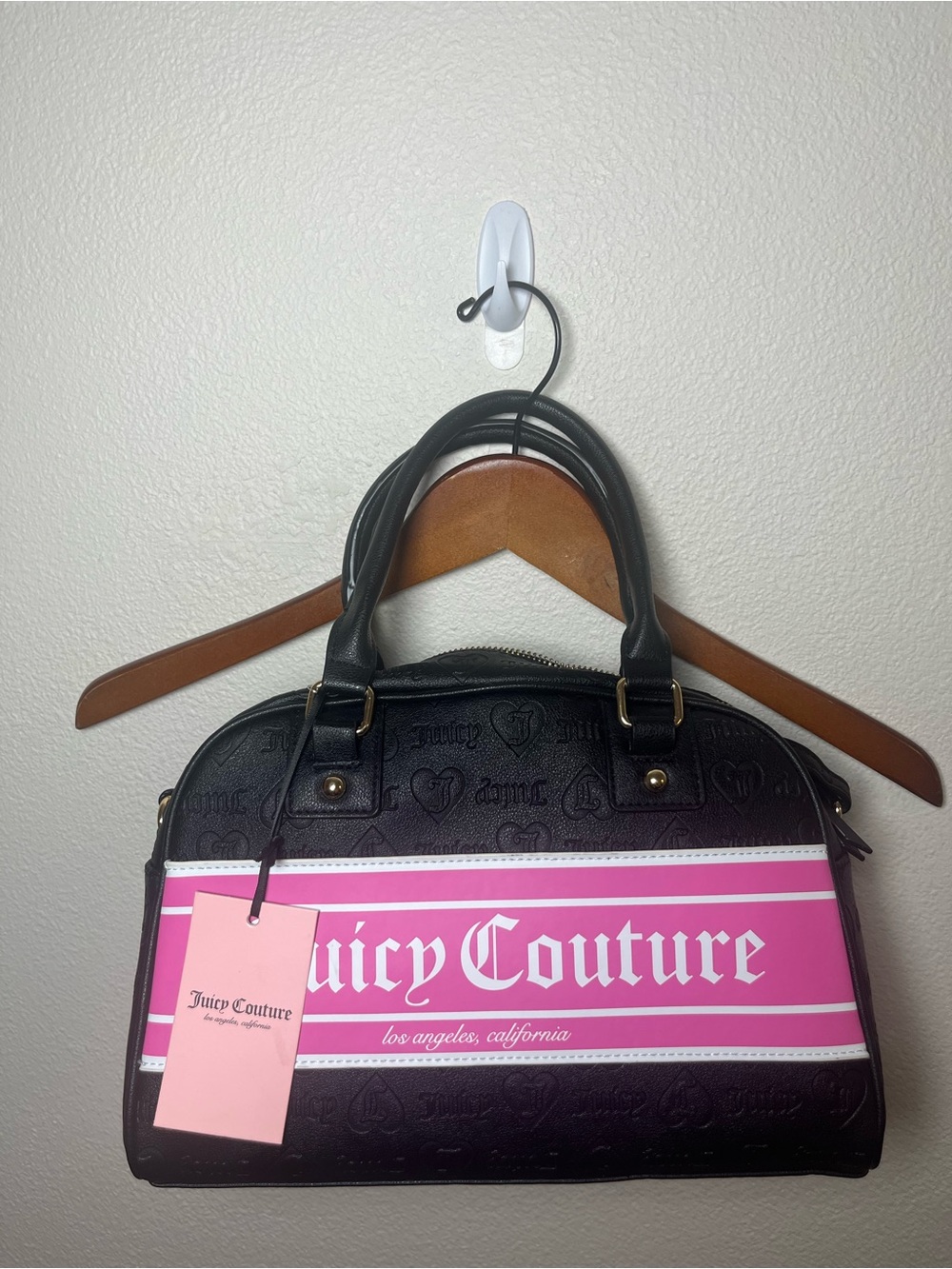 Juicy Couture Black Satchel with Pink Logo Stripe